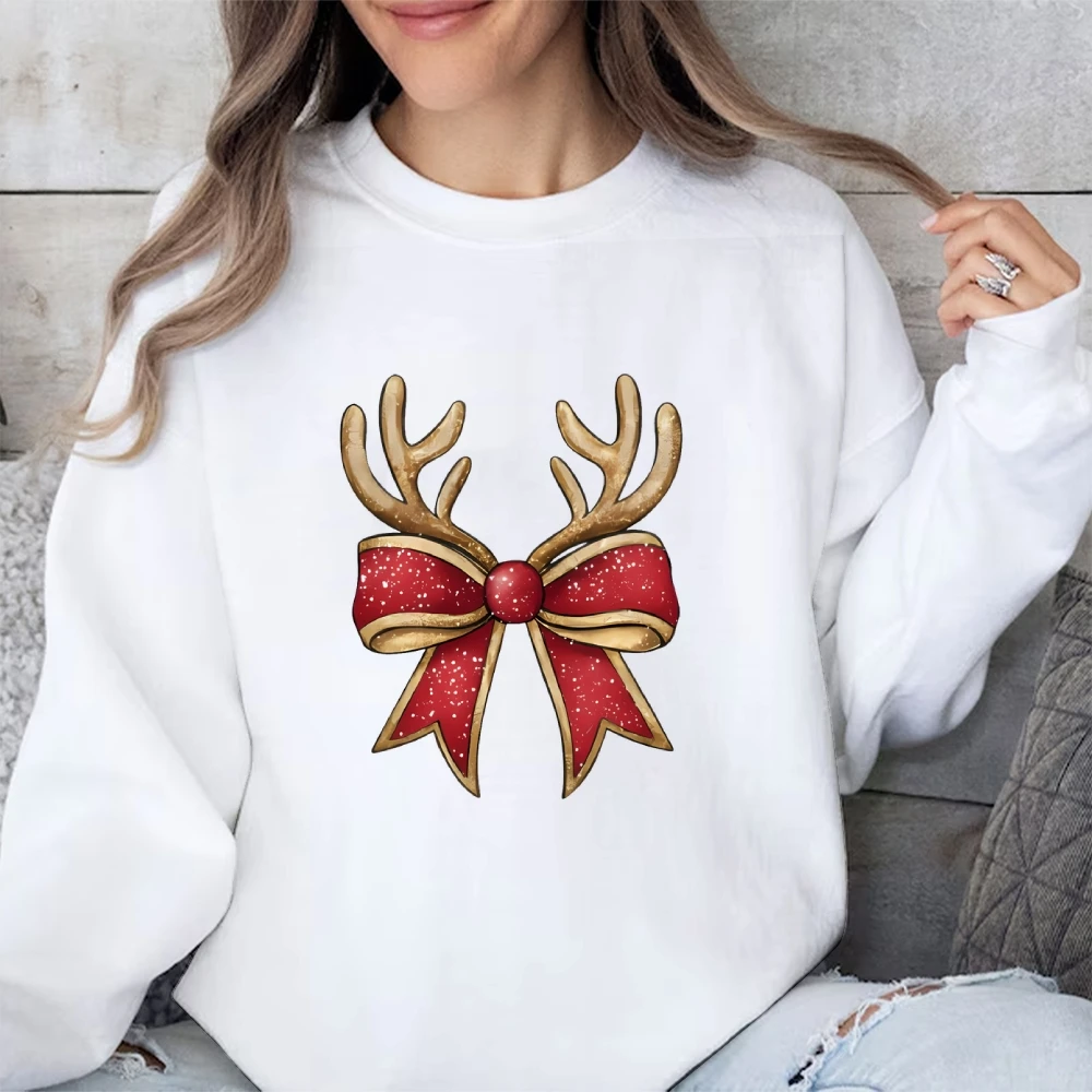 Ladies Sweater Hoodie Cotton Soft High Quality Round Neck Pullover Christmas Bow Elk Horn Graphic Print Chic Sweatshirt