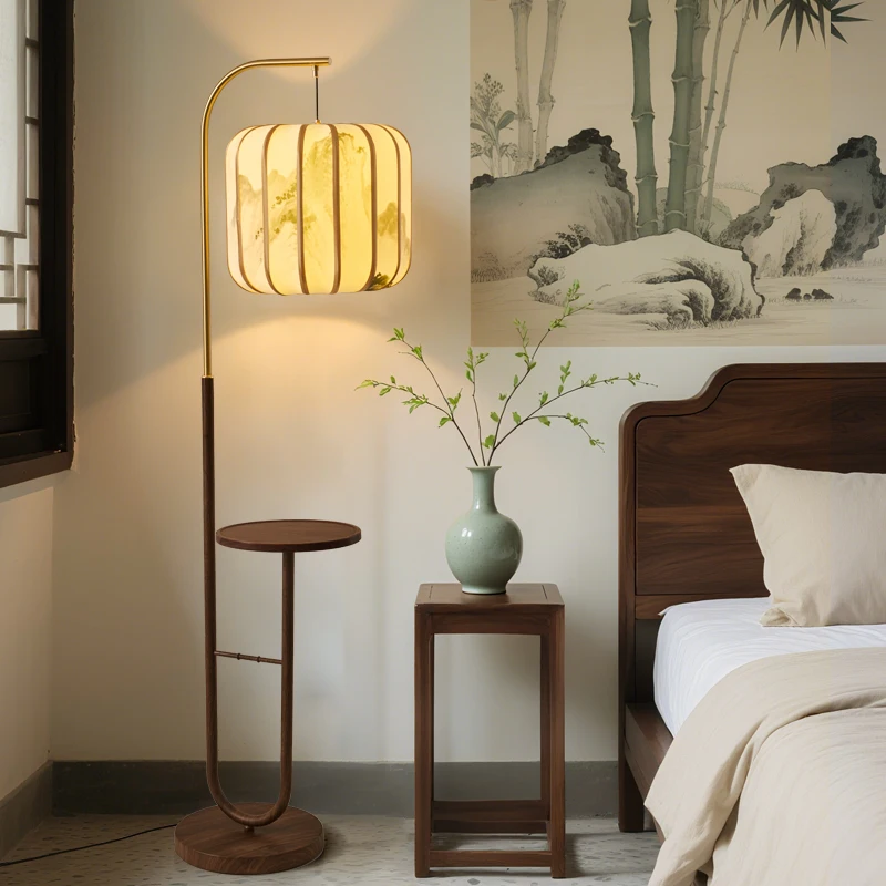 Japanese Retro Wooden Integrated Storage Rack Floor Lamp LED Living Room Office Bedroom Teahouse Study Homestay Standing Lights