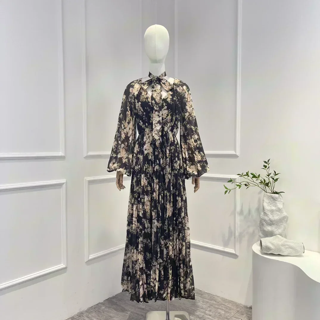 Vestido Midi Vintage con estampado Floral de alta calidad para mujer, manga larga acampanada, cuello en V, lazo automático, otoño 2023