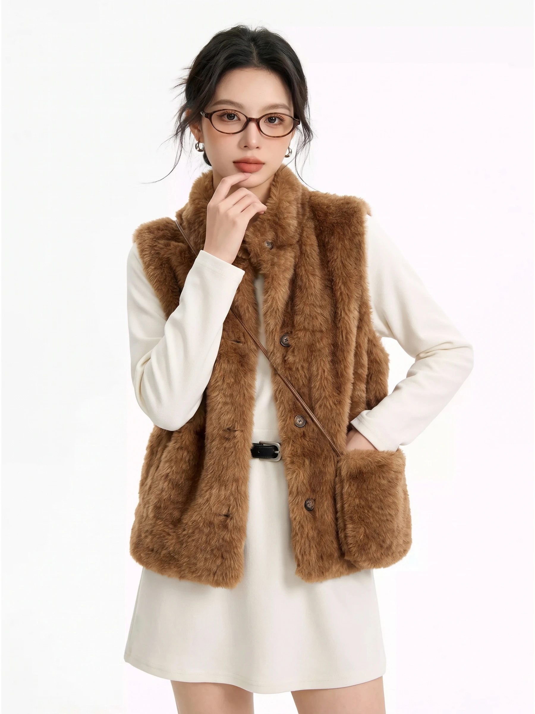 Eco-Friendly Plush Vest Short Sleeveless Stand Collar Versatile Style Women's Fashion Korean Winter Warmth Daily Wear
