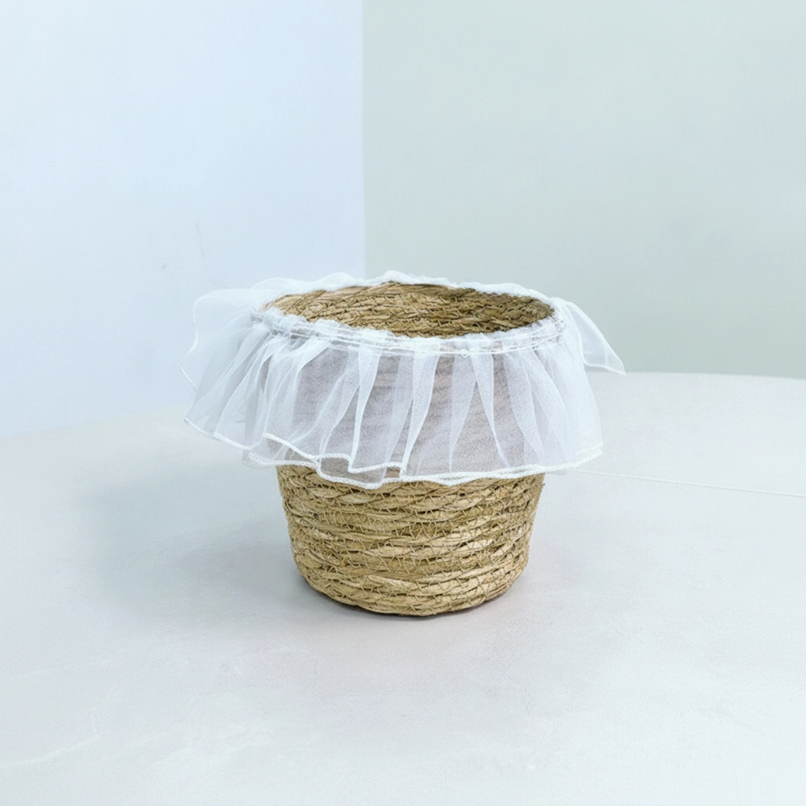 Straw Basket with Mesh Trim Rustic Planter Basket Woven Planter Handwoven Plant Container Handmade for Florists, Table Displays