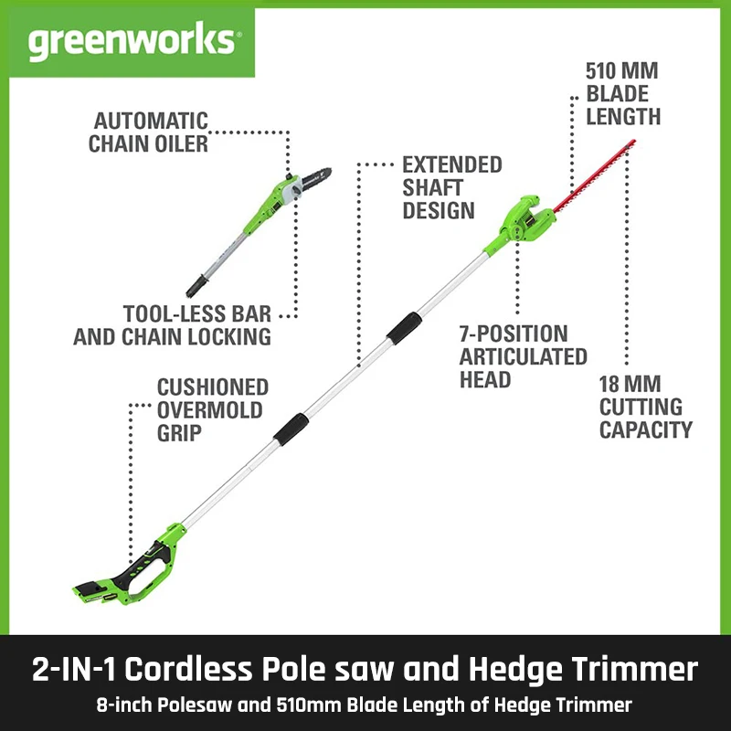 Greenworks 24V 2-in-1 Pole Saw And Hedge Trimmer With Shoulder Strap 8inch Polesaw And 51cm Trimmer With 2Ah Battery And Charger