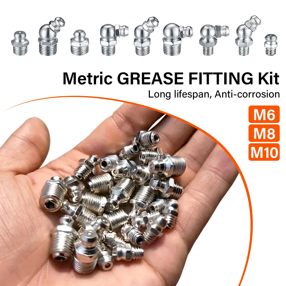 60/120Pcs Galvanized Metal Grease Nipple Fittings Kit Straight 45°/90°/180°Angle M6/M8/M10 Grease Nipple Kit With Storage Box