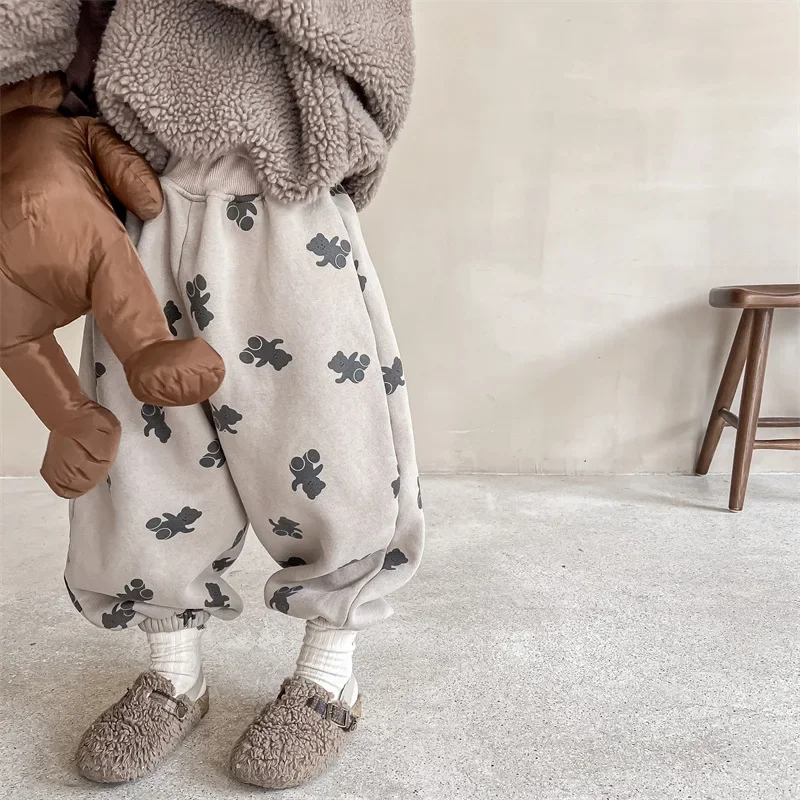 Winter Jongens en meisjes cartoon beren fleece joggingbroek aan de binnenkant Kinderen dikker warme losse broek