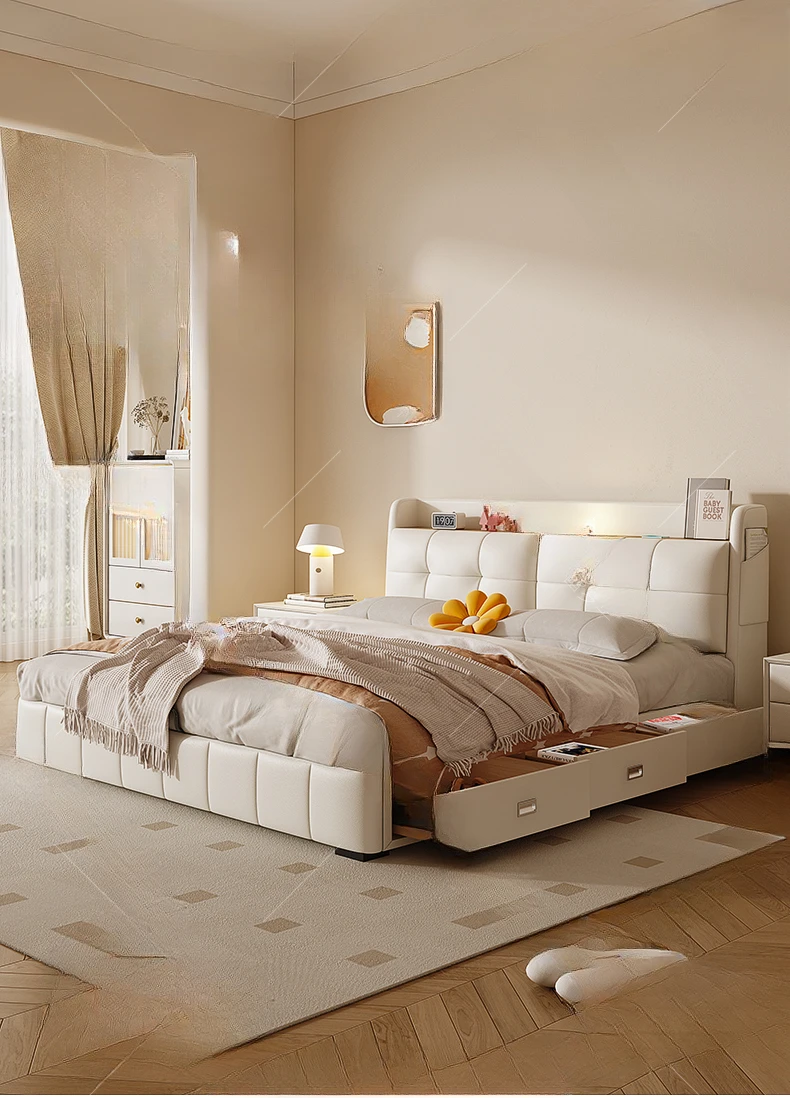 

Multi functional leather bed, light luxury, modern and simple, two person cream style storage with drawers