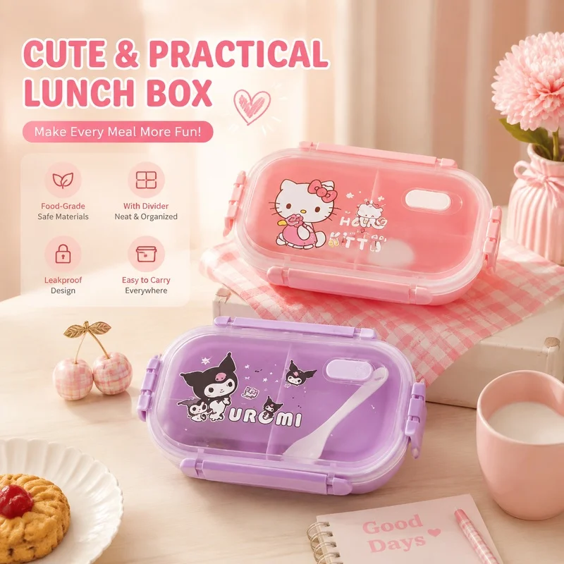 Hello Kitty, kitchen lunch box with compartments, lid, leftovers, food supplement, packed refrigerated lunch box