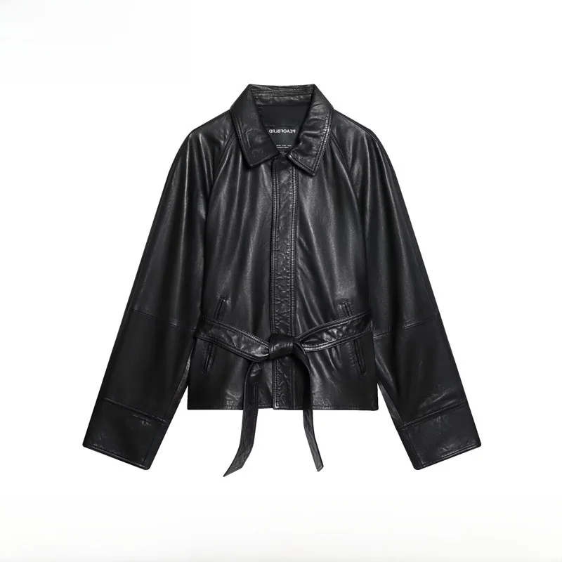 Autunno Inverno Nuovo Arrivo Donna Or Biker Jaet Cappotto in pelle PU con cintura Stand Fit Lungo Sve Colletto ribaltabile Fibra di poliestere