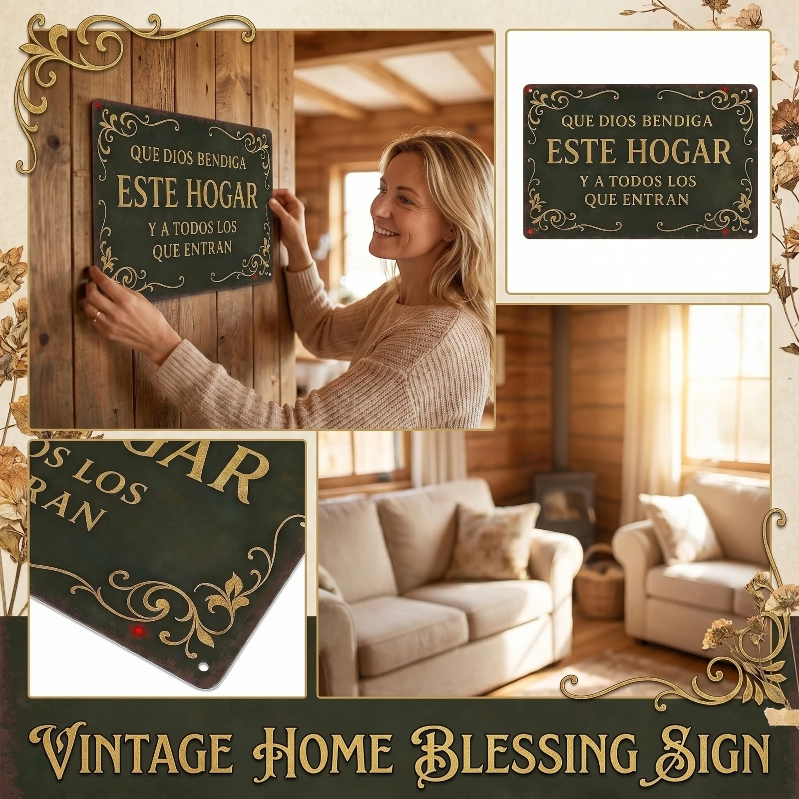 Metal Christian Decorative Plaque - Que Dios Bendiga Este Hoga Tinplate Vintage Blessing Home Sign Wall Plaque For Entryway