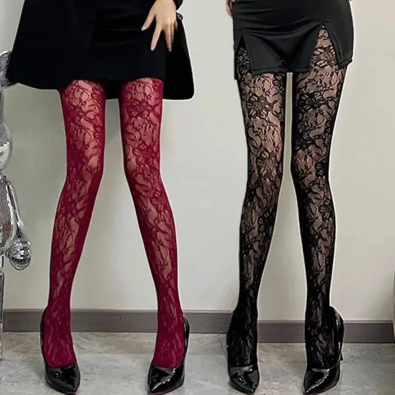 Schwarze Blumen-Lolita-Damensocken Klassische Spitzen-Netzstrümpfe Ausgehöhlte Strumpfhose JK Retro Blumen-Rattan-Strumpfhose