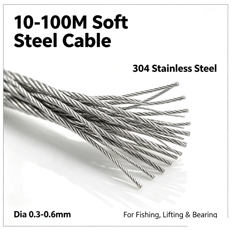 10-100M 1X7 Structure 304 Stainless Steel Wire Rope Dia 0.3-0.6mm Soft Cable Fishing Lifting Bearing Steel Cable