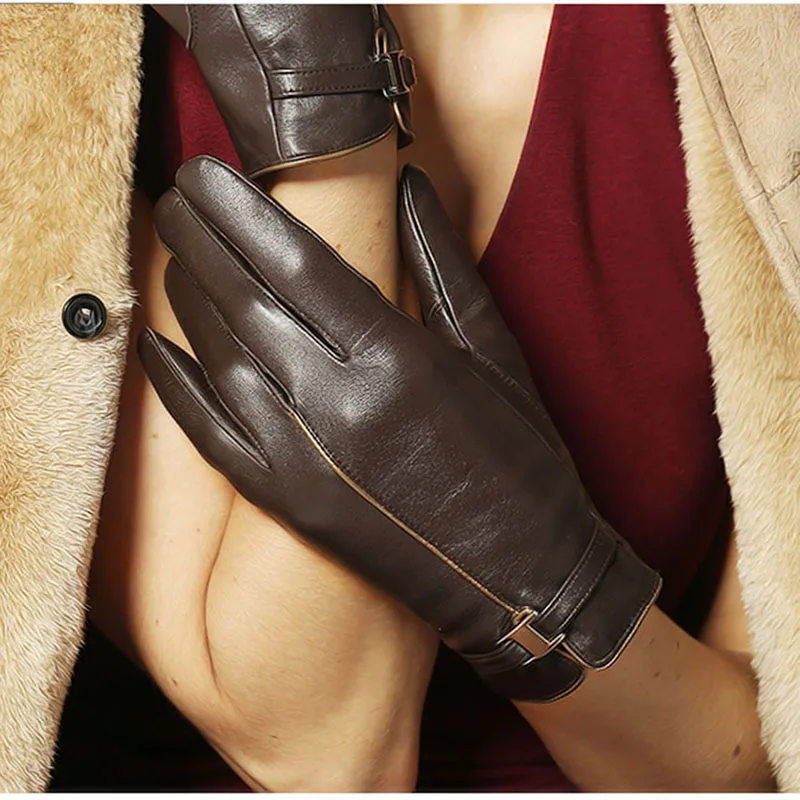 Real Leather Gloves Female Autumn Winter Thermal Velvet lined Fashion Genuine Sheepskin Women Gloves For Driving L050PC