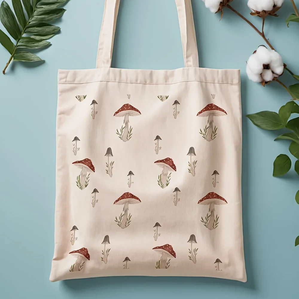 1pc, Mushroom Pattern Canvas Tote Bag Reusable Grocery Bags (35.05cm x 40.13cm), Stylish Reusable Bag for Daily Shopping, Commut