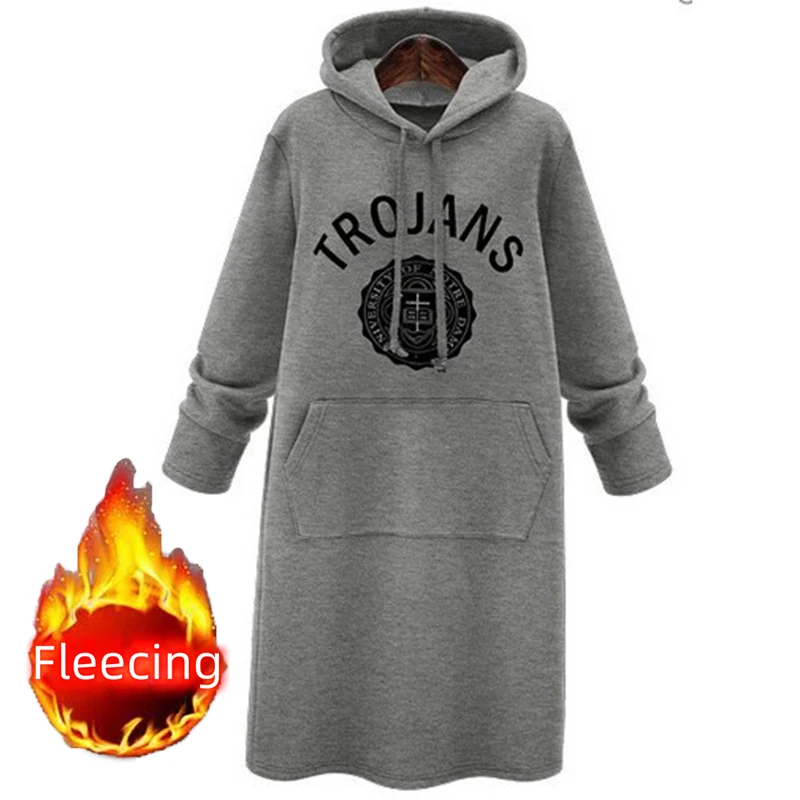 Fleecing Hooded Zip-up Sweatshirts Letter Knee Length Dress Casual Women Streetwear Winter Long Sleeve Sport Y2k Clothes