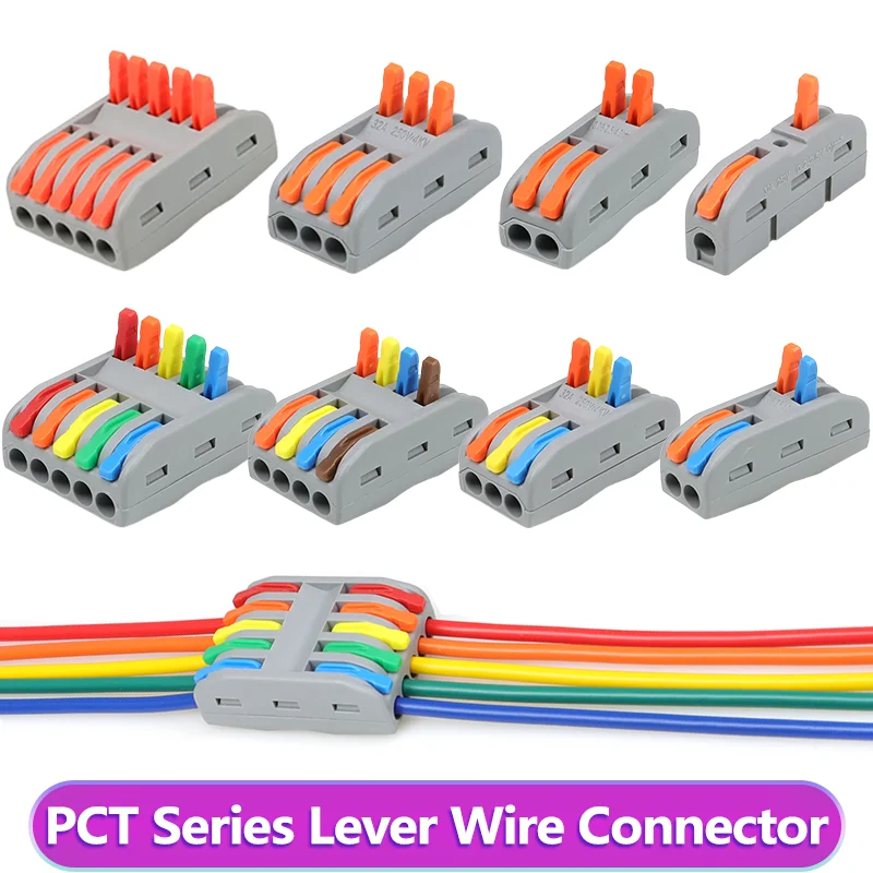PCT Series Lever Wire Connector Reusable Screwless Push-in Quick Splice Terminal Block Tool-Free Electrical Cable Connector