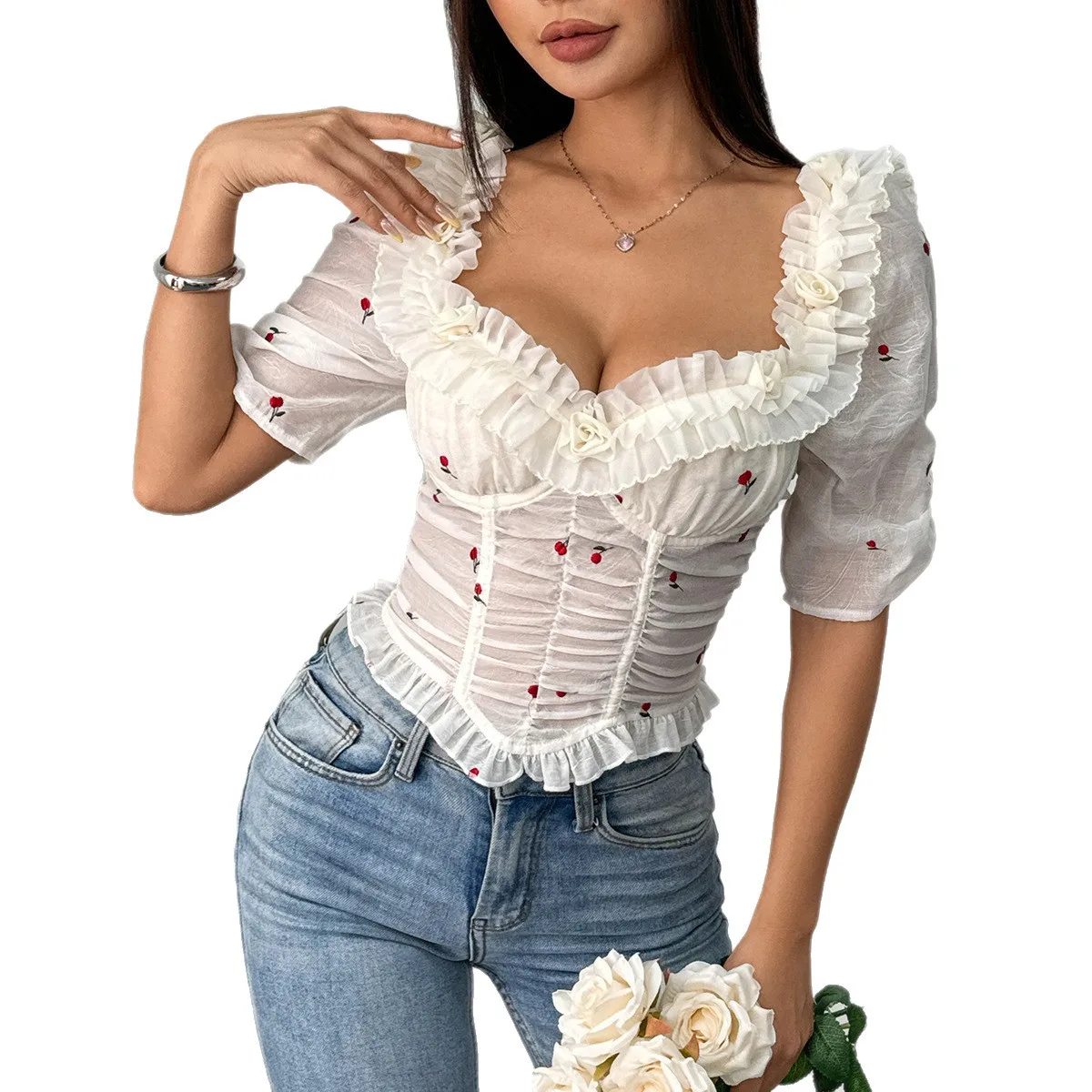 2025 Woman Clothing Top Women T-shirt Tank Top Female Clothes Vacation Style Embroidered Elastic Slim Fishbone Backless Tie Top