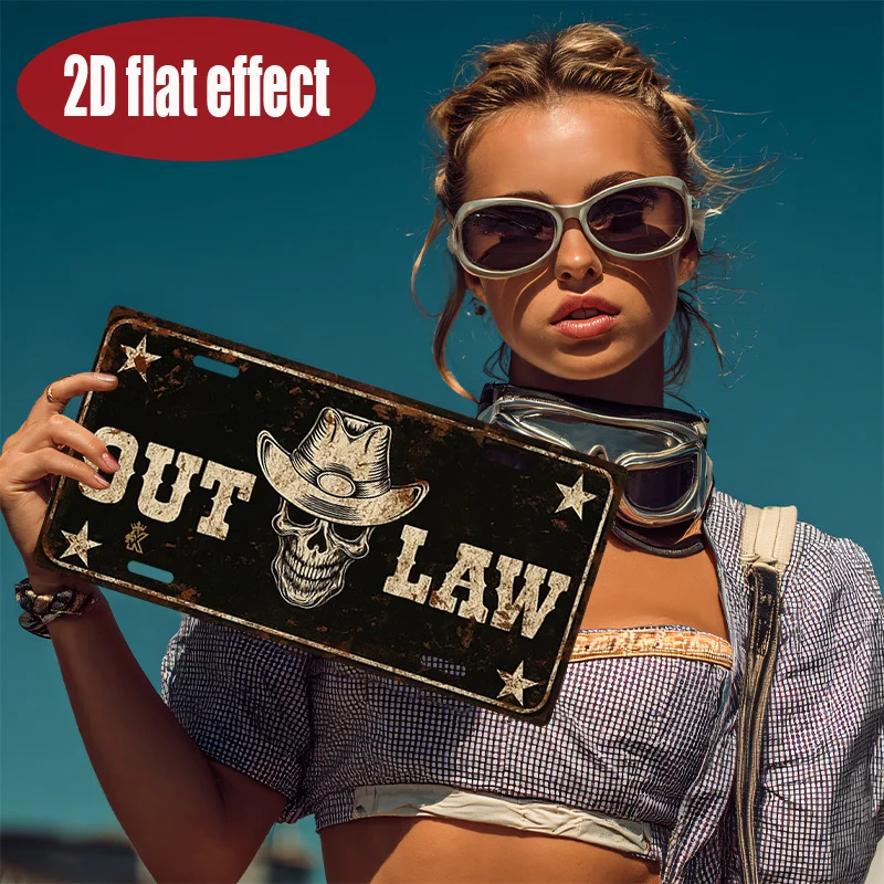 Outlaw Cowboy Skull 2D Flat Printing License Plate Style Metal Tin Sign, Western Retro Themed Decorative Aluminum Sign for Bar,
