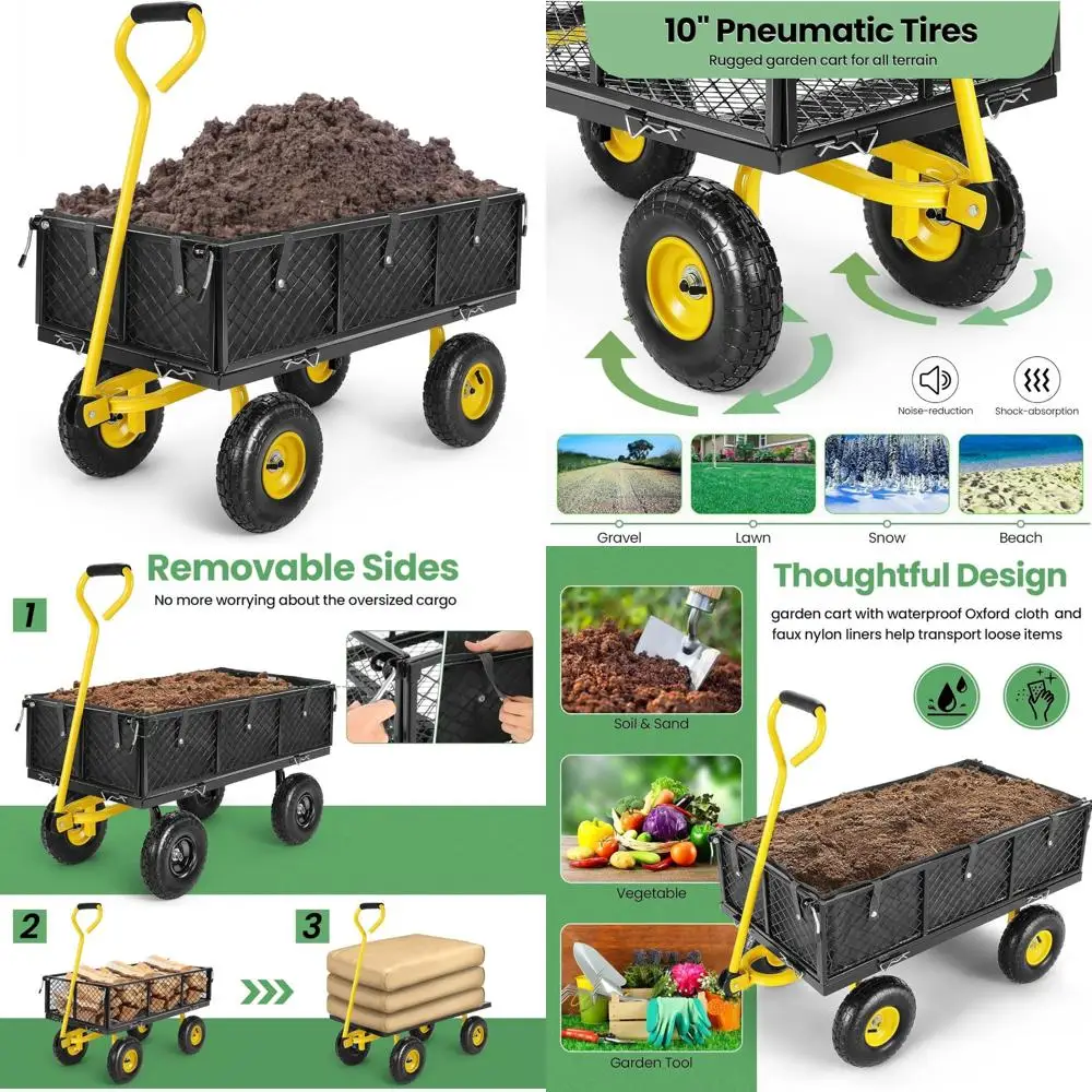 Homdox MAX 880 Lbs Garden Cart, Heavy Duty Foldable Mesh Steel Garden Wagon with 180° Rotating Handle and 10 Inch Tires, Pullabl