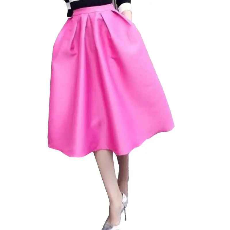 ฤดูใบไม้ผลิฤดูร้อนใหม่ผู้หญิง Hepburn จีบปุยเอวสูง Midi เข่า-ความยาว A-Line กระโปรงร่ม Pinki สีแดง Street Sle