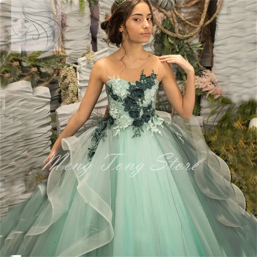 Moda lunga principessa fiore ragazza abiti Appliques perline senza maniche Tulle volant una linea festa di nozze compleanno abiti da spettacolo