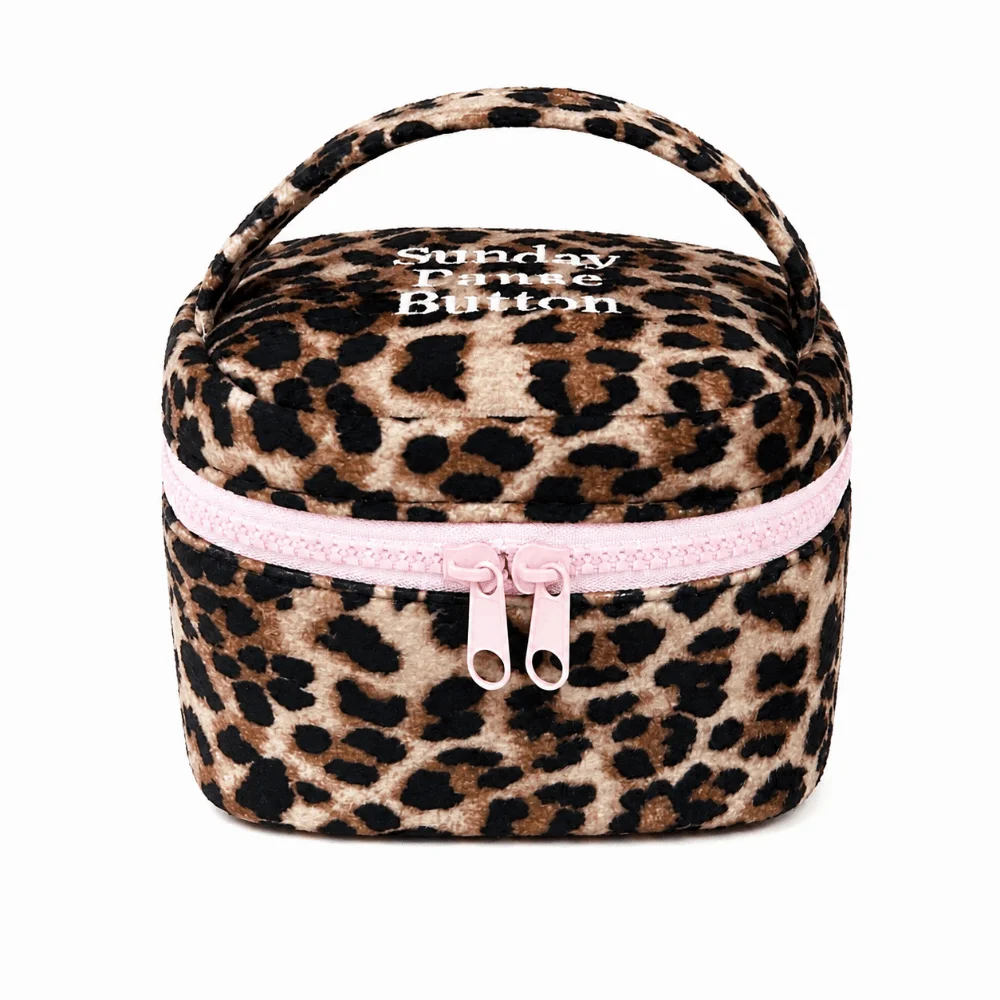 Portable Leopard Print Square Storage Box Handheld Zipper Design Makeup Bag Handbag Women Girls