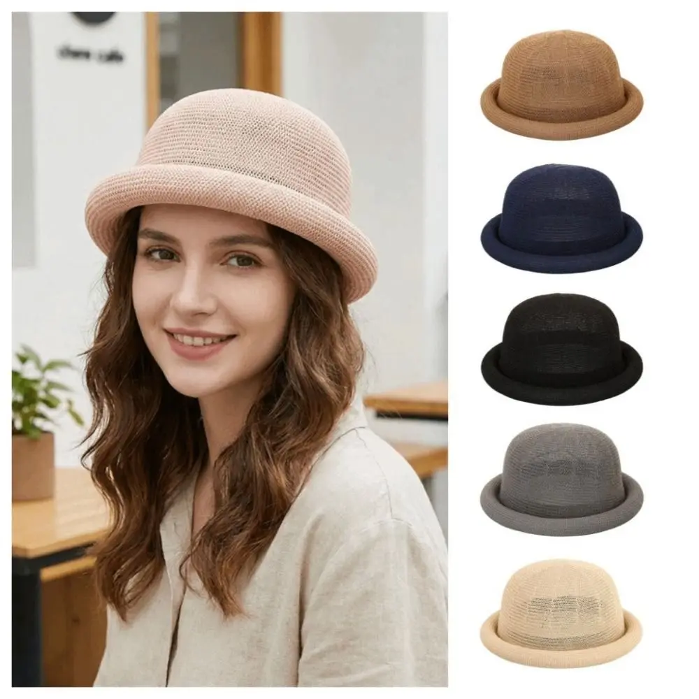 Casual Solid Color Bucket Hat Cotton Linen Breathable Fedora Hat Knitted Rolled-brimmed Sun Hat Sun Protection