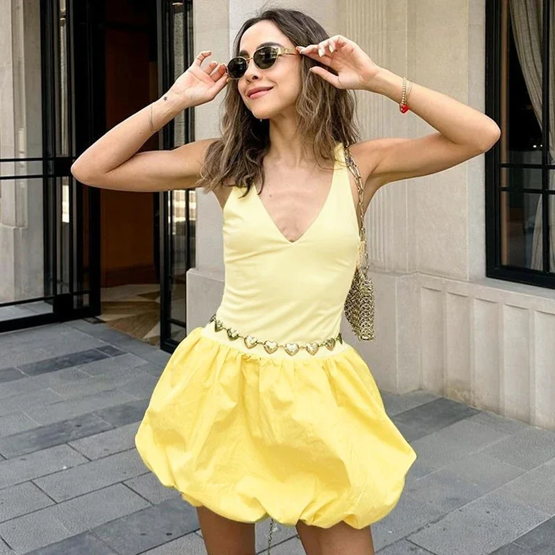 

Solid V Neck Backless Splice Folds Mini Yellow Dress High Waisted Party Outfit New Sleeveless Slim Fit Bud Vest Dress For Women