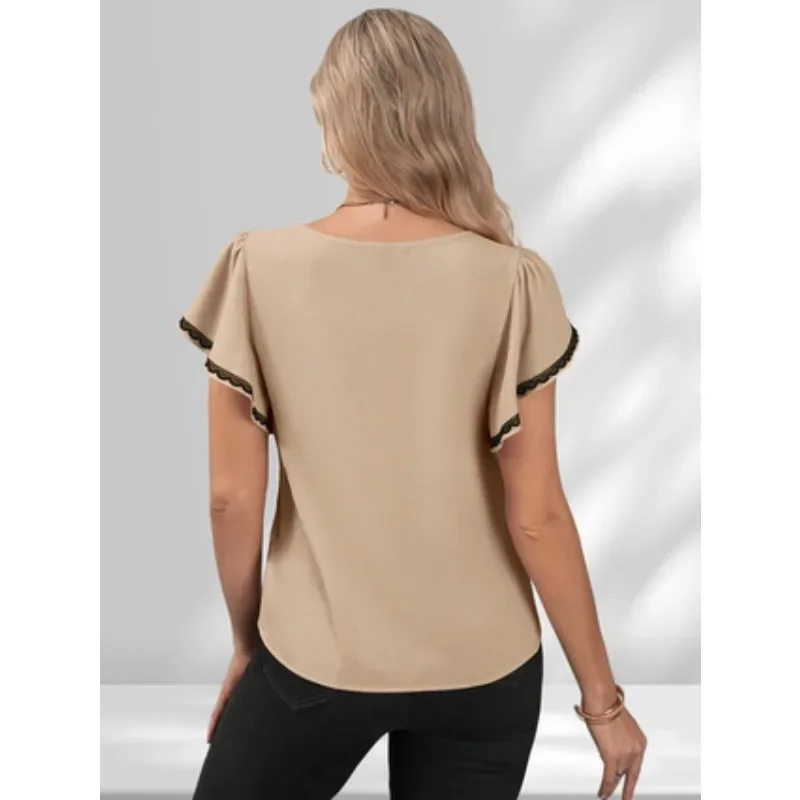 حجم كبير جديد الخريف المرأة البتلة كم بلايز الدانتيل الكروشيه Crewneck قمصان عادية فضفاض بلون الأساسية تونك التي شيرت