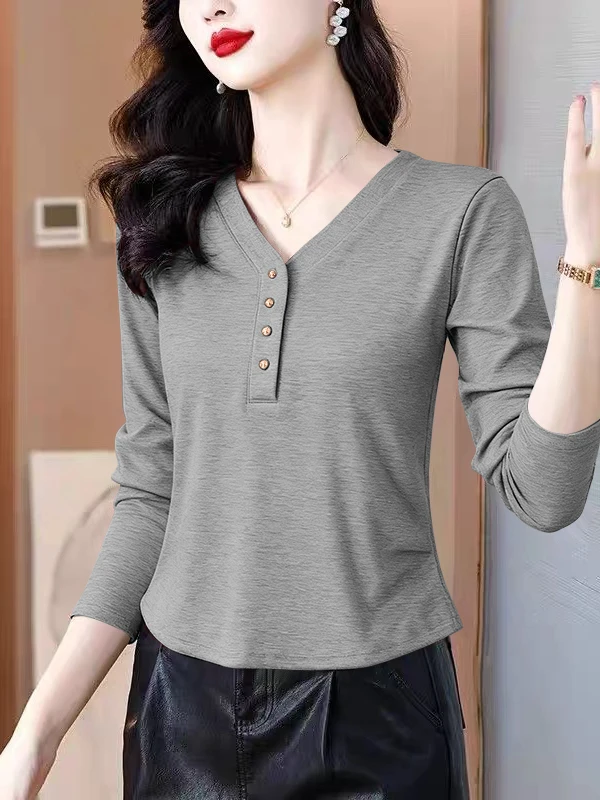 2025년 가을용 여성용 순면 슬림핏 허리 조임 기본 레이어 탑, 패셔너블한 플리츠 V넥 긴팔 티셔츠