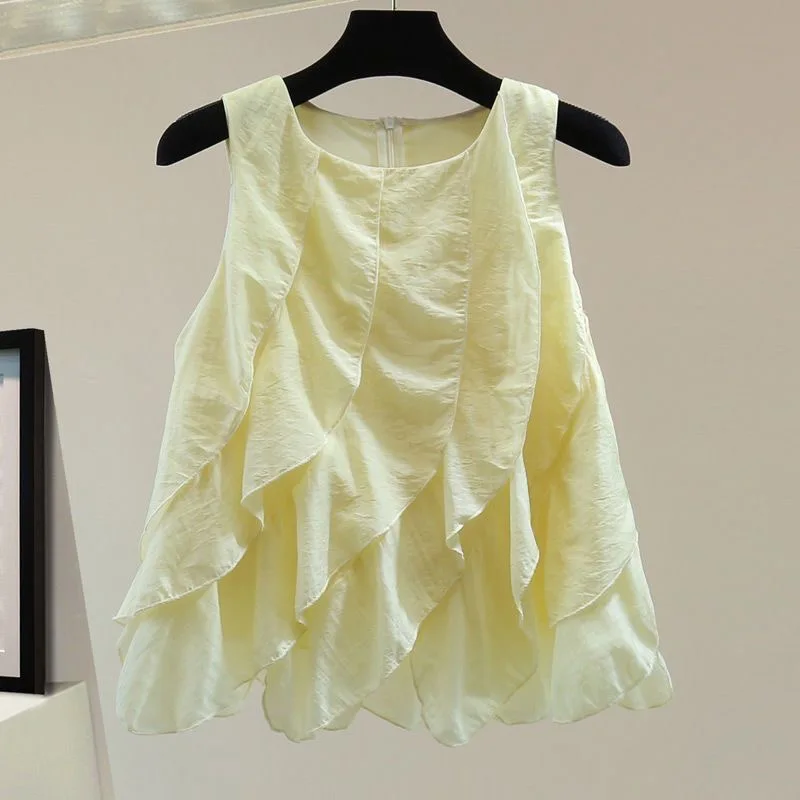 

Casual Necktie Tunic Shirt Loose Fit Summer 2026 Korean Style Pure Color Zipper Backless Top Women's Polyester Blend Blouse