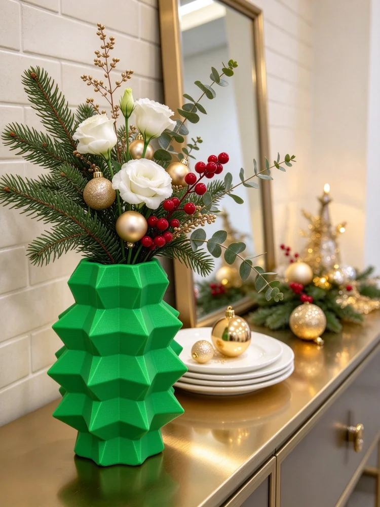 Holiday Floral Art Christmas Vase 3D Printed Green Geometric Christmas Tree Shape Layered Pointed Design Pla Material Mini Flower Arrangement Vessel Home Living Room Dining Table Fireplace Tabletop Centerpiece Office Entrance Holiday Atmosphere Decoration Small Christmas Vase Tabletop Christmas Decoration Items Warm Home Holiday Decoration Creative Ornaments