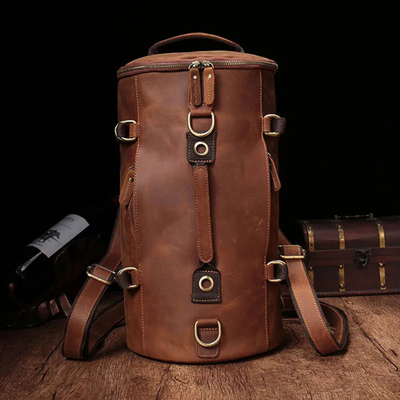 

Unique Design Leather Backpack For Men Vintage Crazy Horse Leather Bucket Daypack Large Male Travel Bag Male Backpacks