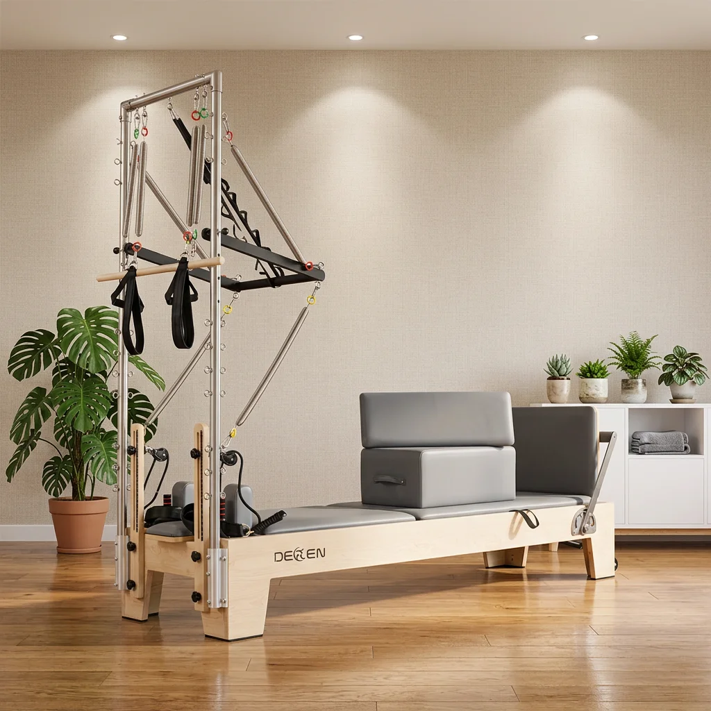 Cama de Pilates de Alta Calidad con Núcleo de Madera de Arce, Media Torre y Estructura Dos en Uno, Ideal para Práctica de Fitness y Yoga
