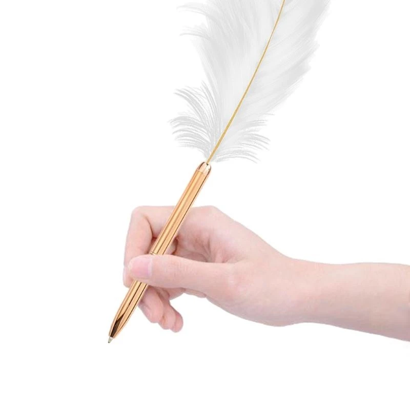 Retro White Feather Ballpoint Pen Exquisite Siganture Pen Refillable Ballpoint Pen for Wedding Office Business Gift