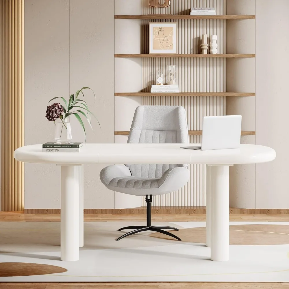 

Большой современный офисный стол для руководителя — кремово-белый компьютерный письменный стол с цилиндрическими ножками, простая сборка