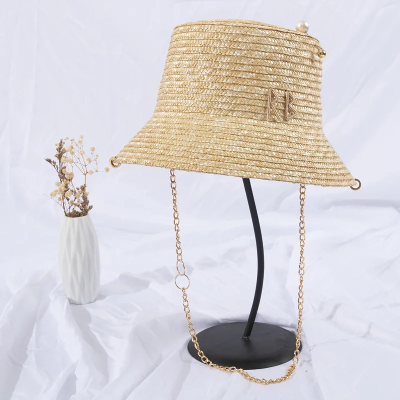 

Flat Crown Straw Sun Hat for Women - Summer Pearl Decorated Bucket Hat Style, Outdoor UV Protection