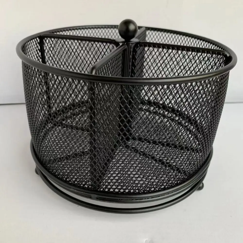 Metal 360° Rotating Mesh Pencil Holder 4 Compartments Creative Makeup Brush Storage Bucket Hollowed-out Multi-Purpose