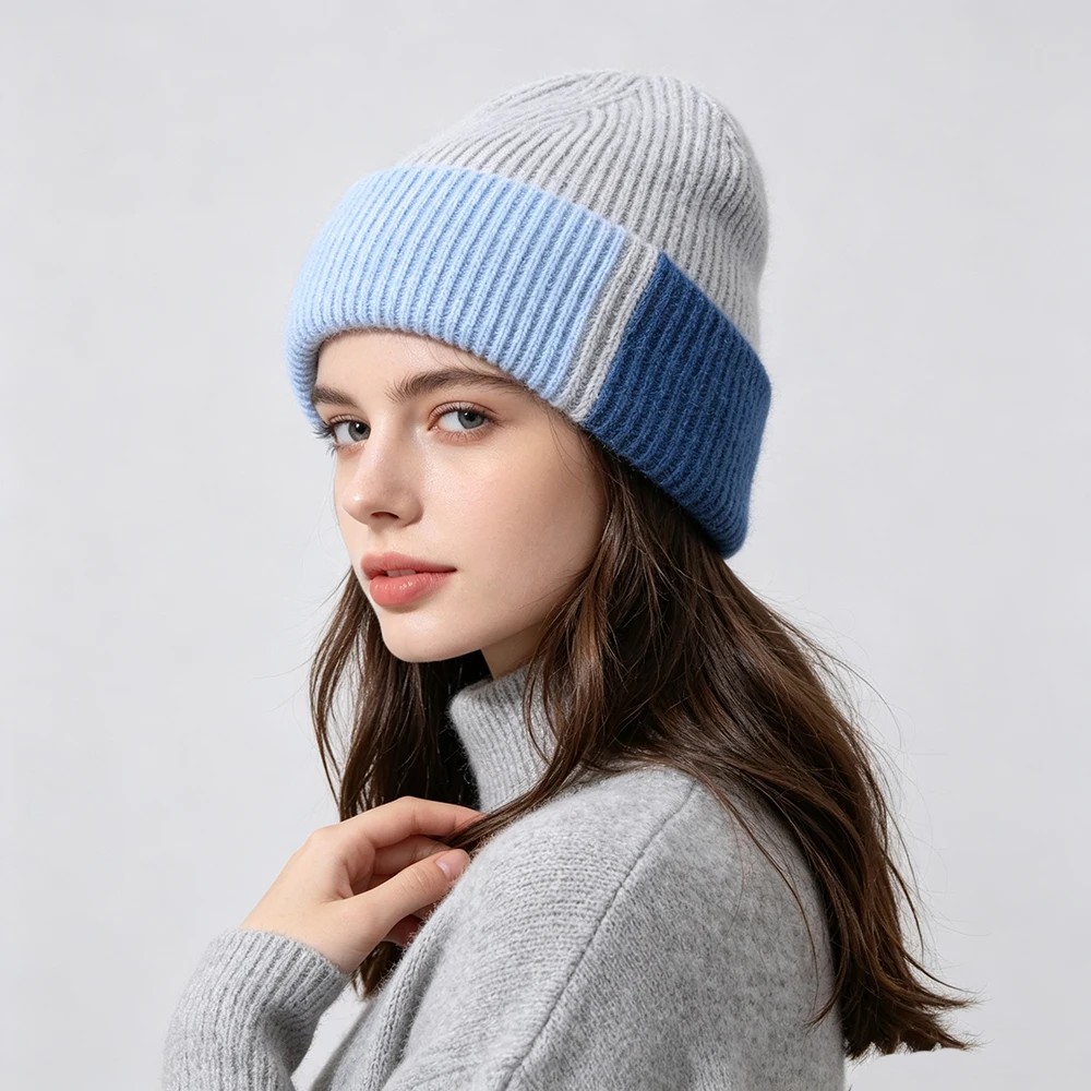 Jxwatcher Winter Hat for Women Fashion Color Splicing Knitted Beanies Ladies Casual Soft and Warm Fluffy Angora Rabbit Fur Hats