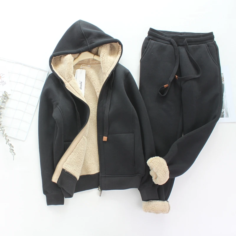 Simple Fashion Sports Casual Suit Women\'s Autumn Winter Artificial Lamb Wool and Velvet Thickened Hooded Short Coat Sports Pants