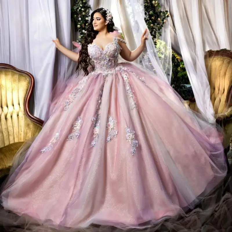 

Customized Light Pink Off Shoulder Quinceanera Dress applique Lace 3D flower vestidos de 15 Quinceanera ﻿