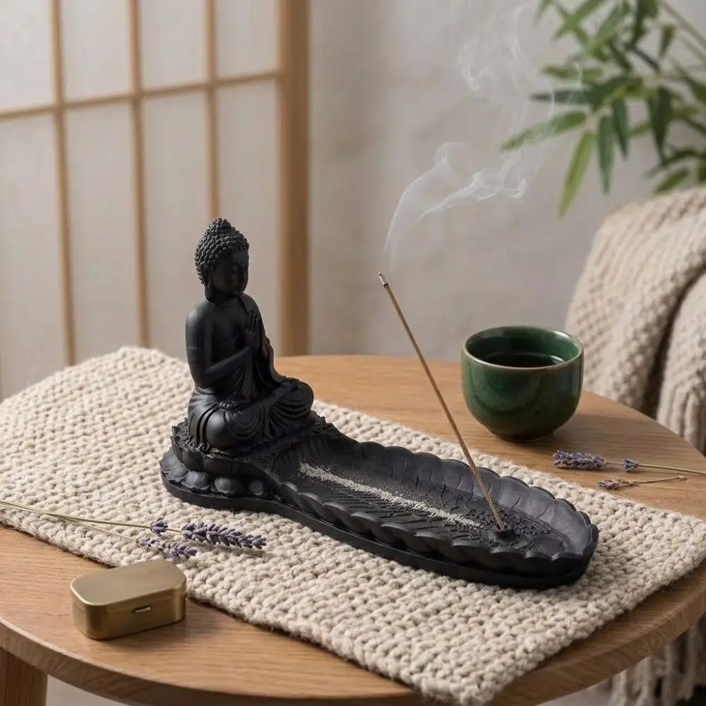 3D Printed Meditating Monk Incense Stick Holder Plastic Lotus Base Zen Style Aroma Stand Chinese Style Wave Edge