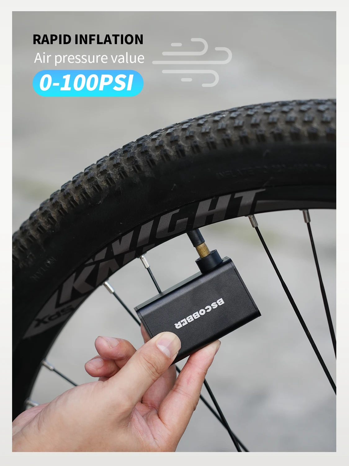 BSCOBBER Fahrrad-Zubehör Elektrische Tragbare Luftpumpe Reifenfüller Notfall-Lampe 100PSI MTB Rennrad Powerbank – Detail 4