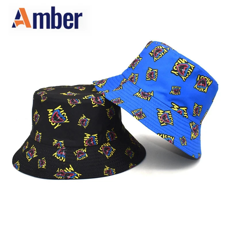 

Amber cartoon bucket hat monster print Panama fisherman hat unisex foldable double side blue summer hip hop outdoor cap 2023 New