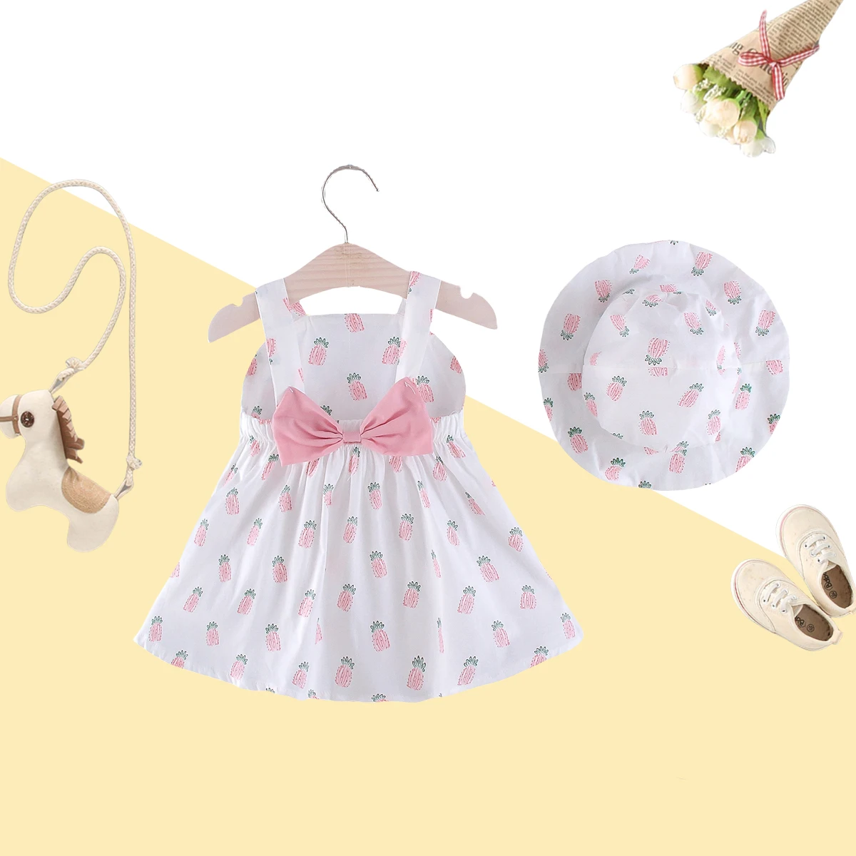 2-Piece Baby Girl Beach Skirt+Sun Hat Baby Bow Print Strap Comfortable Dress For Children Aged 0-3 Summer Clothing