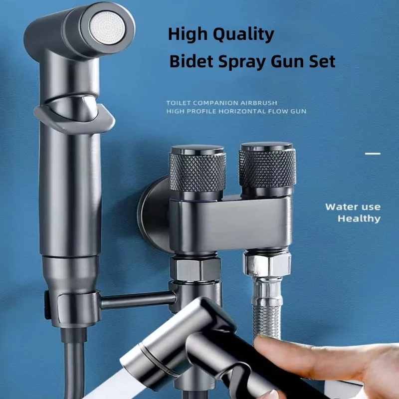 AOLEBEI Hygienic Shower Toilet Bidet Spray Gun Set Dual Outlet Mini Angle Valve Bathroom Accessories Bidet Toilet Partner Black