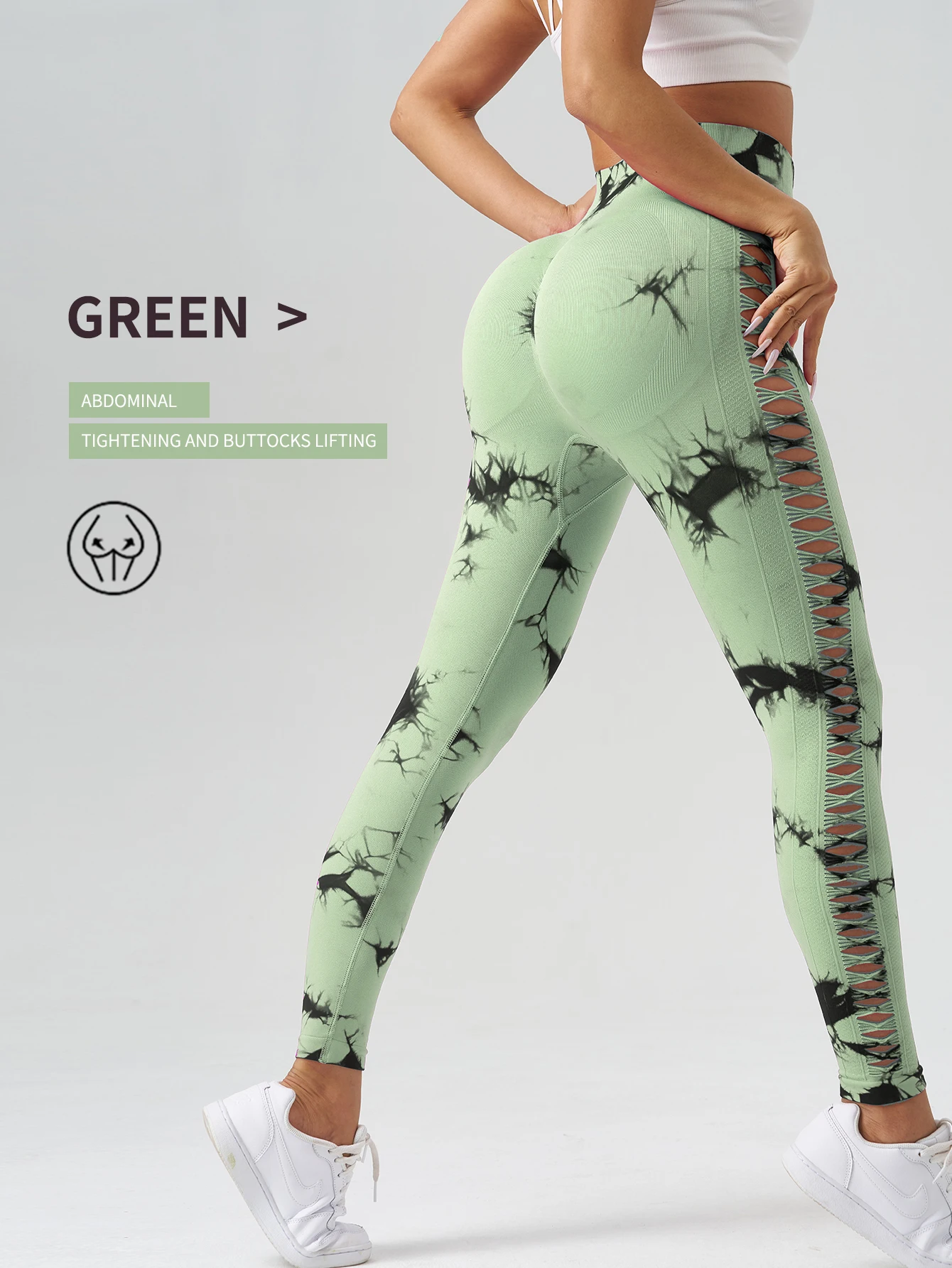 ใหม่กางเกงโยคะมัดย้อมกลวงด้านข้าง,กางเกงรัดรูปยกสะโพกพีชข้ามพรมแดน,กางเกงออกกําลังกายแบบไม่มีรอยต่อเอวสูงสําหรับผู้หญิง