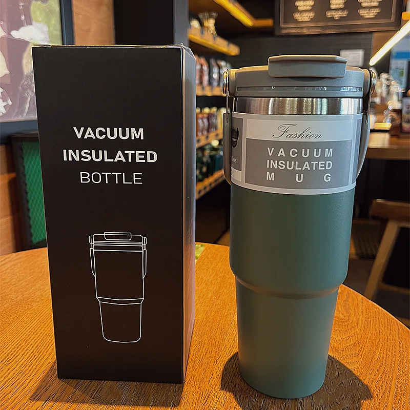 30oz Thermal Cup Stainless Steel Water Bottle with Straw Leakproof Car Tumbler Vacuum Insulated Flask for Outdoor Sports Gym