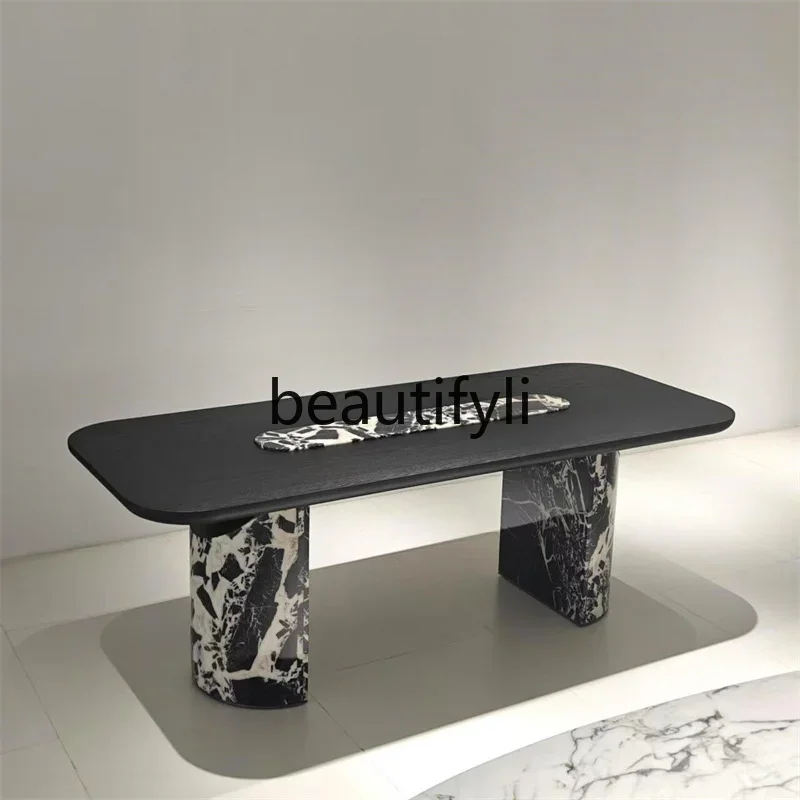 

Italian light luxury high-end marble solid wood dining table tea table designer desk2936