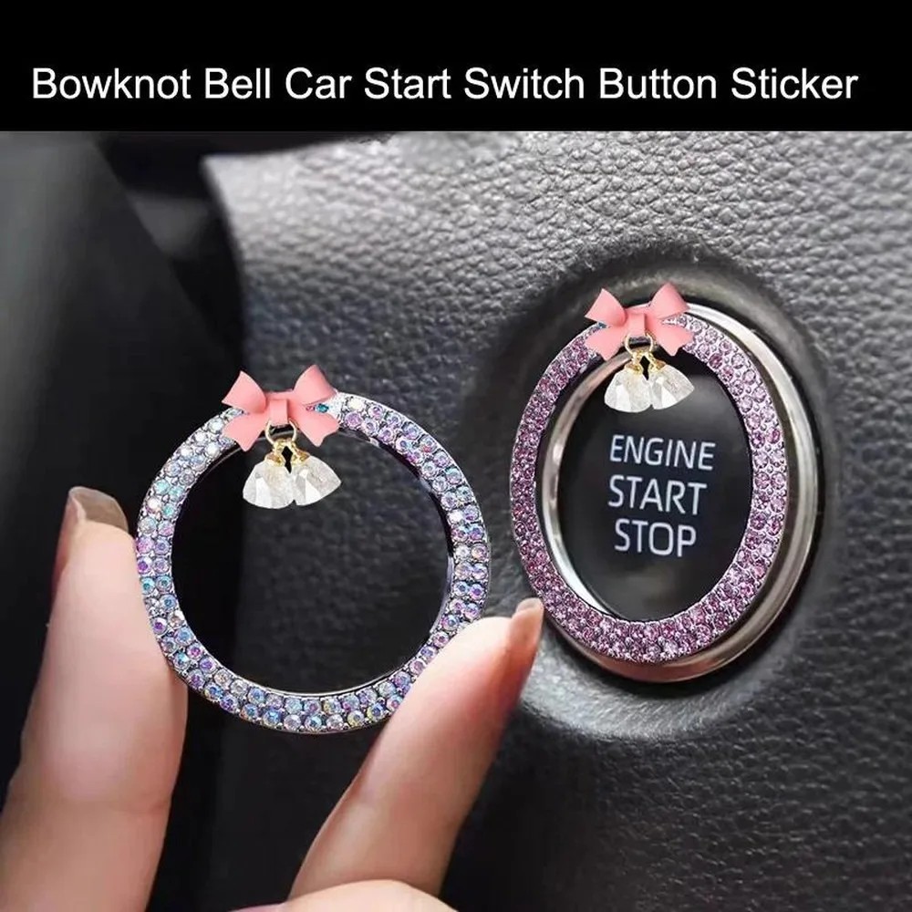 Rhinestone Bow Bell Car Start Switch Button Cover Diamond Ring Circle Trim Protective Sticker Auto Accessories