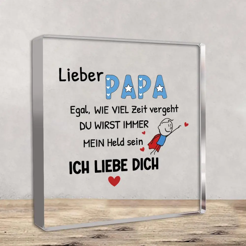 Brand Iron Wall Art Papa Mein Held Square Acrylic Plaque Minimalist Cartoon Hero Heart Blue Red Decor