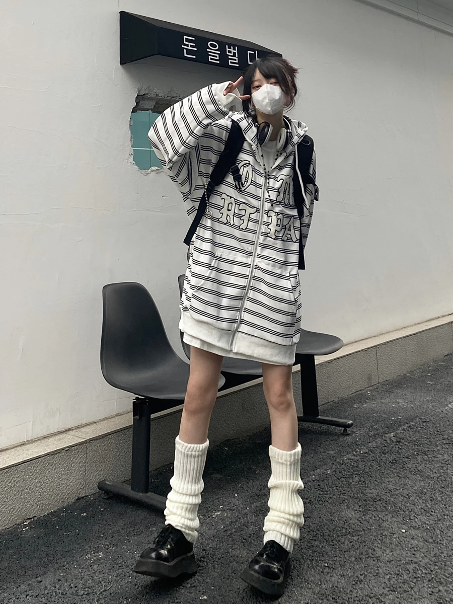 

Street Sle Couple Hooded Open Cardigan Sweatirt Loose Striped ort Jaet Takeoff Autumn New Arrival Casual Cotton 00%